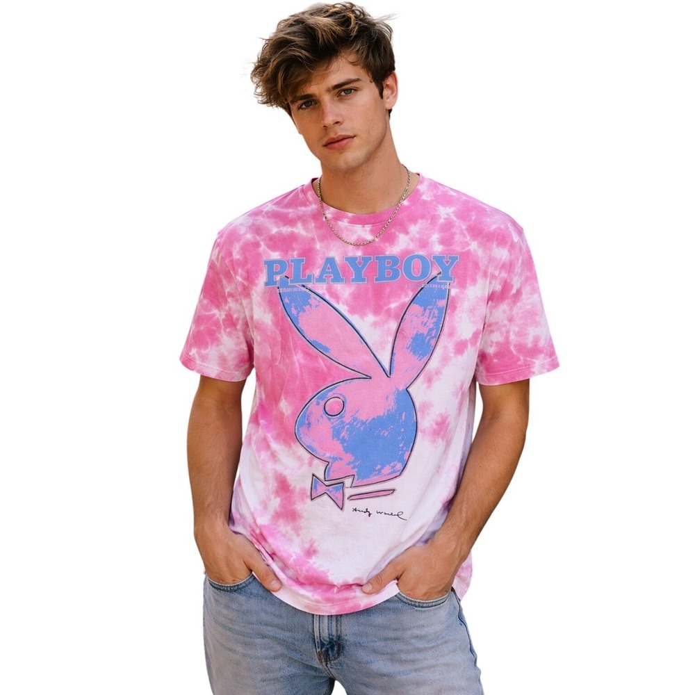 Playboy Andy Warhol Bunny Tie Dye Pink Graphic T-Shirt Mens Large Short Sleeve‎